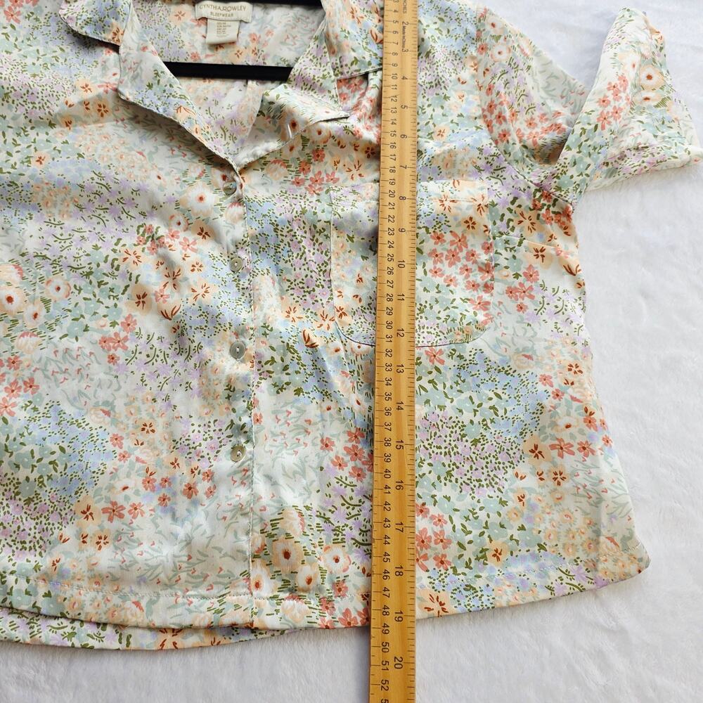 Cynthia Rowley Sleepwear Pajama Top Medium Floral Satin Button Up Cottage Pastel - Picture 9 of 10